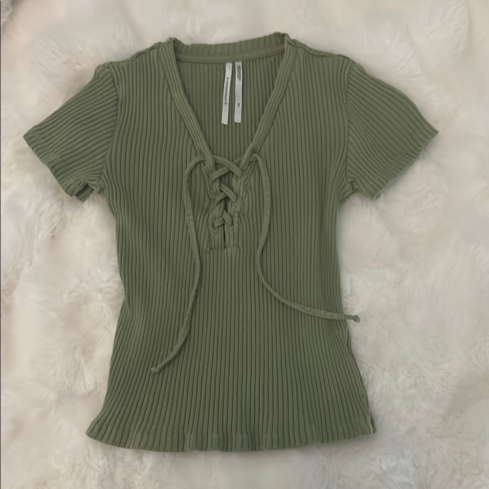 Anthropologie Olive Ribbed Lace-Up Top